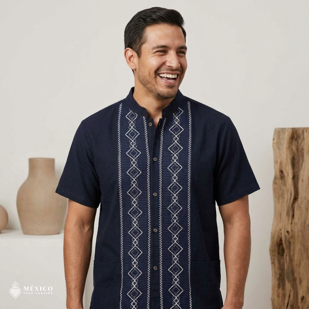 Navy Blue Mexican Embroidered Shirt – Traditional Men’s Artisan Style ( Size L )